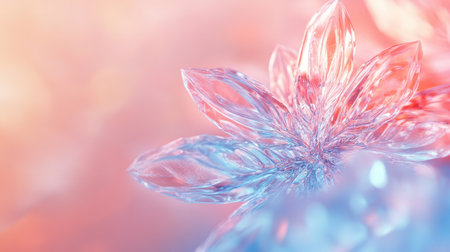 Ice-crystal snowflake close-up on blurred background, blank area for textの素材