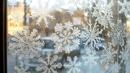 Intricate snowflakes on frosted glass, ample room around for seasonal copyの素材