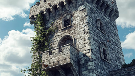 Medieval stone tower with decorative windows, skyの素材