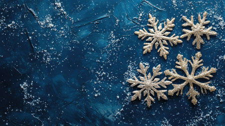 Layered snowflakes with sparkling effect on blue background, text spaceの素材