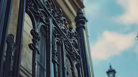Ornate iron gate on Victorian building, copy space in skyの素材