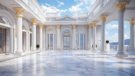 Luxurious marble facade with grand entry, spacious skyの素材