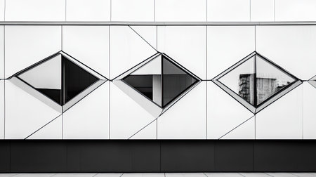Monochrome facade with diamond-shaped windows, empty backgroundの素材