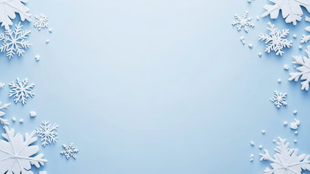 Snowflake designs against a snowy background, copy space on sides for textの素材