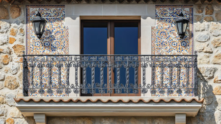 Mosaic tile facade on Mediterranean villa, blank backgroundの素材
