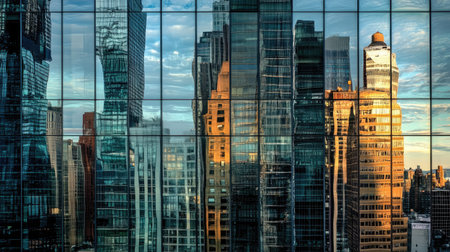 Steel and glass skyscraper reflecting skyline, skyの素材