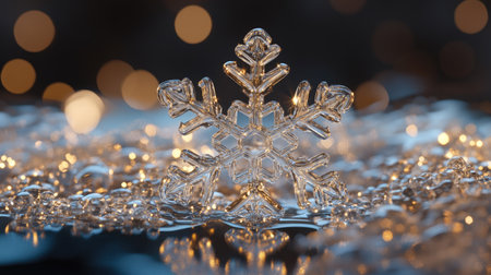 Sparkling snowflake on clear surface, room for holiday message copyの素材