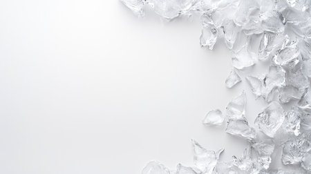 Spread of frosty ice chips on smooth white surface, copy space in upper halfの素材