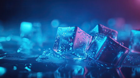 Sparkling ice cubes with light reflections on blue background, space for textの素材