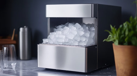 Stainless steel ice maker with filled tray, ample blank area surroundingの素材