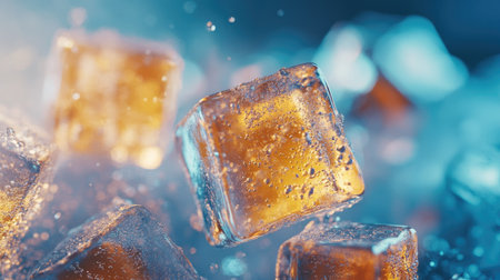 Sparkling ice cubes with light reflections on blue background, space for textの素材