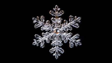 Top view of large, isolated snowflake on clear background with copy spaceの素材