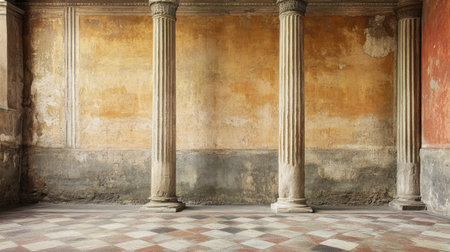 Tall Roman columns on historic building, empty spaceの素材