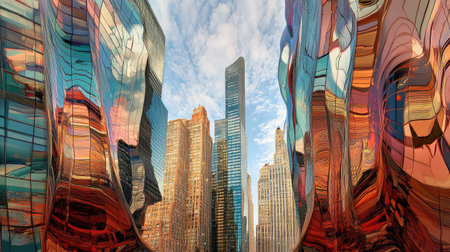 Steel and glass skyscraper reflecting skyline, skyの素材