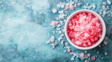 Top view of finely shaved ice on a textured background, large blank space for textの素材
