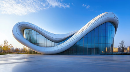 Unique, wave-like modern facade, empty background aboveの素材