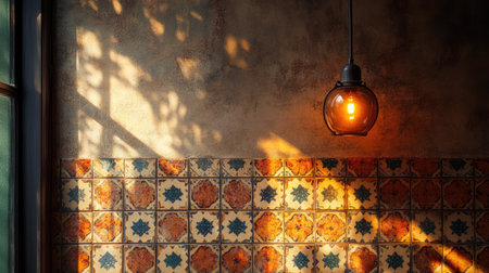 Traditional Moroccan tiles on wall, warm light, copy spaceの素材