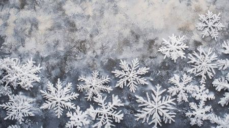 Top view of snowflakes on frosted, textured surface with room for copyの素材