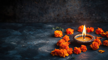 Traditional diya with vibrant orange marigolds, ample copy space on dark backgroundの素材