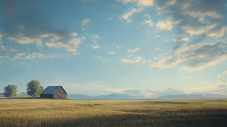 A wide shot of farmland with a barn in the distance. Open sky for adding textの素材