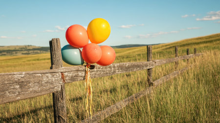 Balloons tied to a rustic fence in a scenic field, perfect for celebration themes with copy spaceの素材