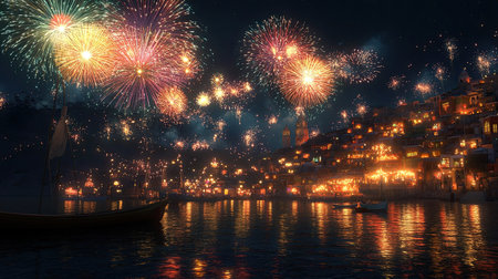 Vibrant fireworks burst over a South Asian coastal town, celebrating with copy spaceの素材