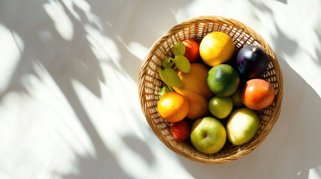 Fruits and vegetables in a round wicker basket, top view on a light surface with space for healthy living textの素材