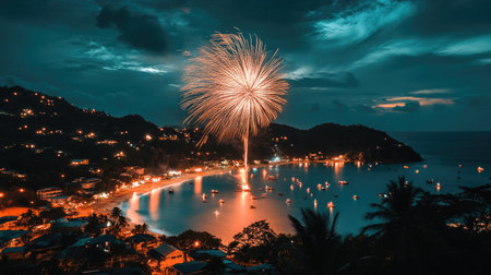 Stunning fireworks in the night sky above a South Asian coastal town, with ample copy spaceの素材