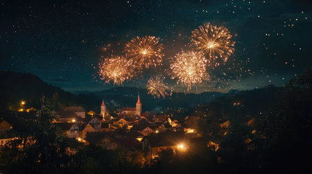 Stunning fireworks light up the night sky over a tranquil village, no people, with copy spaceの素材