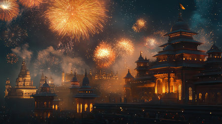 Stunning fireworks display over a South Asian temple, celebrating with ample room for textの素材