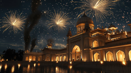 Stunning fireworks burst above a South Asian palace, celebrating the night with ample room for textの素材