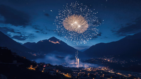 Stunning fireworks light up the night sky over a mountain range, celebration concept with copy spaceの素材