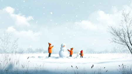Cartoon family playing in the snow, building a snowman, with plenty of copy space for textの素材