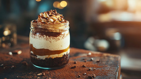 Layered tiramisu dessert with cocoa sprinkle, glass jar, room for textの素材