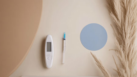 Minimalist layout with glucometer, insulin pen, and blue circle symbol on neutral surface, ideal for copy spaceの素材