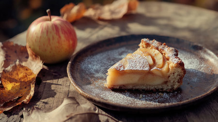 German apple cake slice on rustic plate, autumn backdrop, room for textの素材
