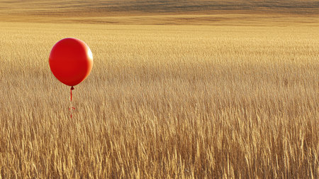 Single red balloon floating in an open field, symbolizing individuality with plenty of space for copyの素材