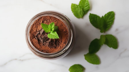 Rich chocolate mousse in glass jar, sprig of mint, text area availableの素材