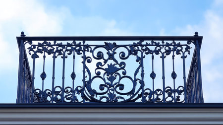 Classic New Orleans ironwork on balcony, blank skyの素材