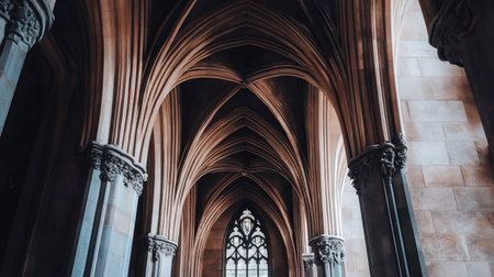 Classic Gothic architecture with pointed arches and sculpted details, blank space in backgroundの素材