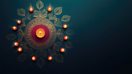 Beautiful rangoli pattern illuminated with diyas, blank background space for copyの素材