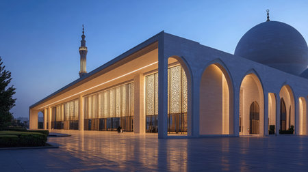 Panoramic view of Sheikh Zayed Mosque at dusk, open copy spaceの素材