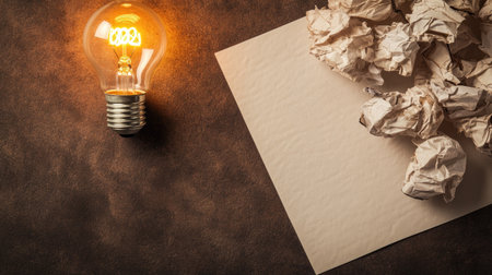 Light bulb glowing on a dark table, symbolizing a bright idea, open text area for inspirationの素材