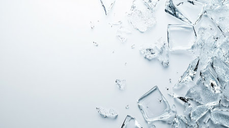 Artistic top view of broken ice shards on clear acrylic surface, copy spaceの素材