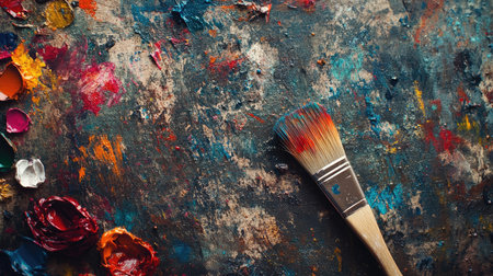 Small canvas with brush and vibrant paints scattered around, blank area for Children Day greetingsの素材