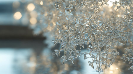 Close-up of detailed snowflakes with reflections, spacious backgroundの素材
