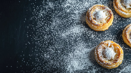 Sweet Portuguese pasts de nata with powdered sugar, copy spaceの素材