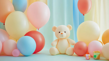 Brightly colored balloons and toys on a pastel background, symbolizing Children Day celebration, blank space for textの素材