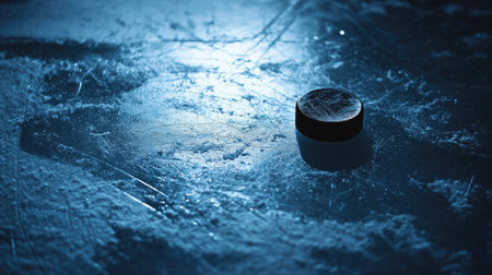 Close-up of ice hockey puck on the center line, blank ice surrounding for textの素材