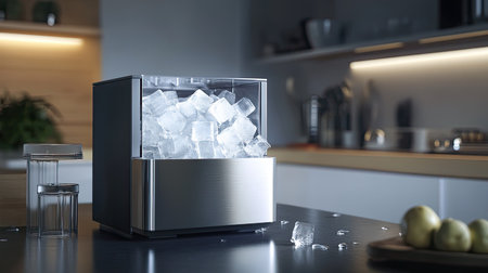 Compact ice maker producing cubes, space for text on upper sideの素材